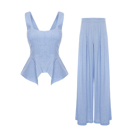 Ocean Blue Linen-Style Set with Wide Legs