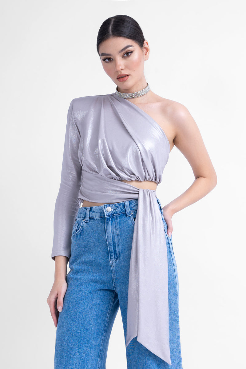 Silver asymmetrical top with scarf