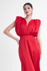 Red midi dress with v-shaped draped bodice