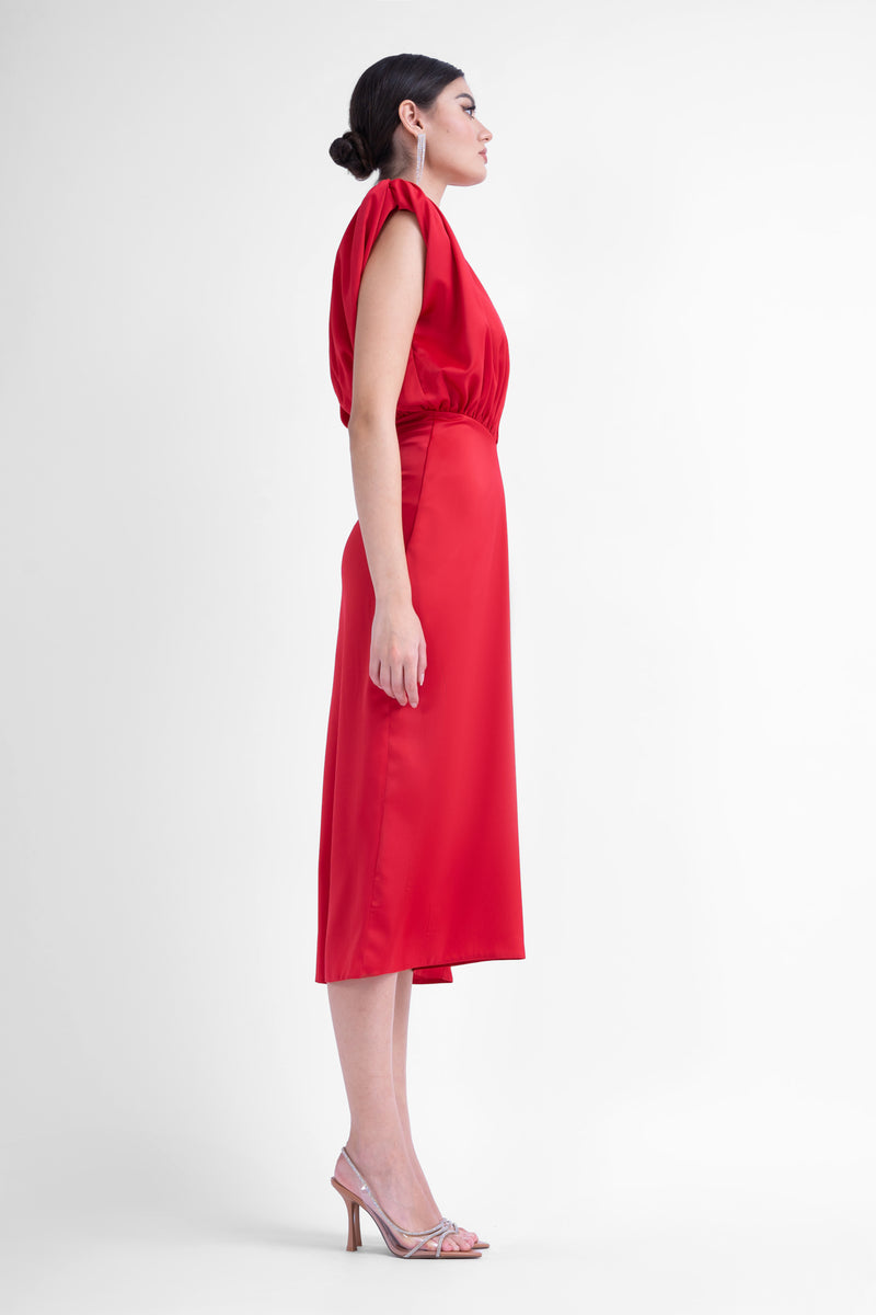 Red midi dress with v-shaped draped bodice
