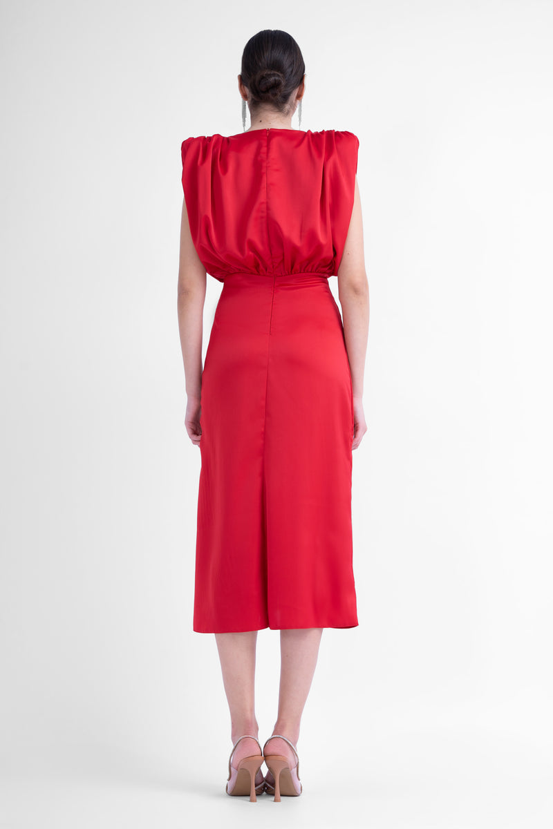 Red midi dress with v-shaped draped bodice