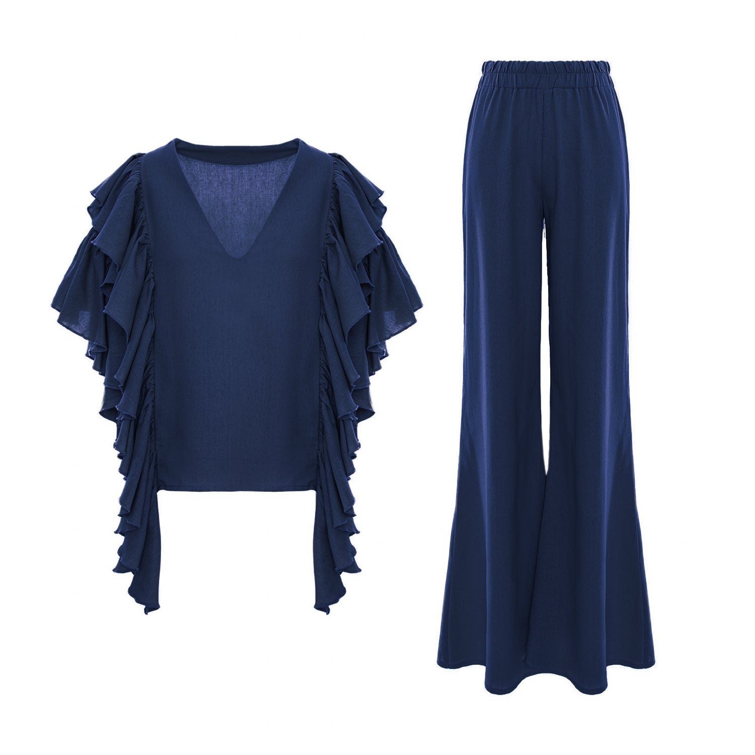 Blue Co-Ord Set with Ruffle Sleeve Top & Wide Leg Trousers