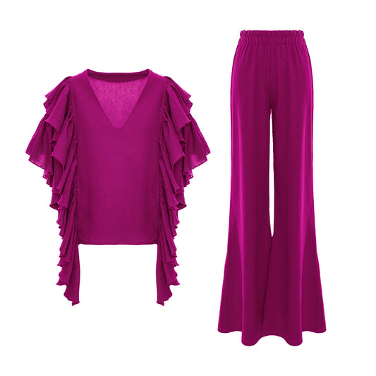 Set fuchsia din in cu top cu mâneci cu volane și pantaloni cu croi larg