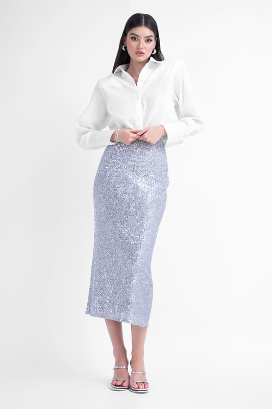 Silver sequin midi skirt