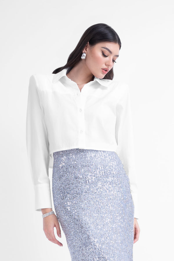 White cropped poplin shirt with oversized shoulders