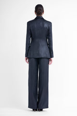 Black shimmery suit with slim fit blazer and wide leg trousers