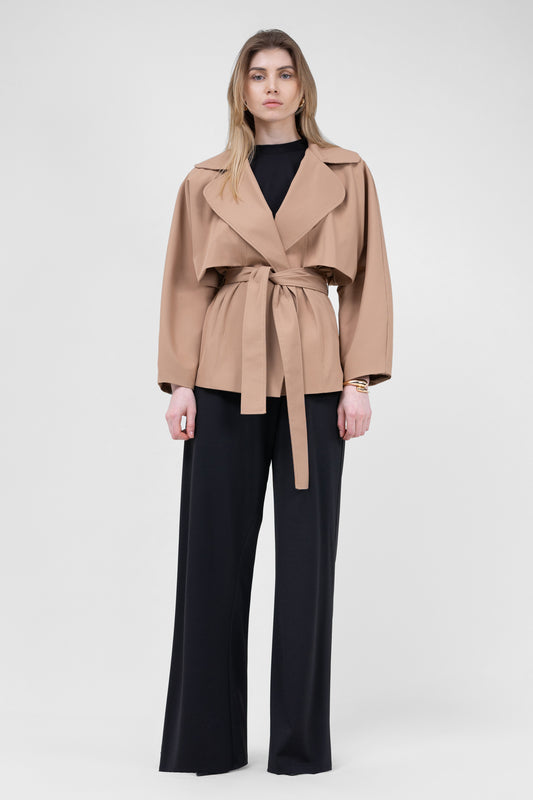 Beige Short Trench Coat WIth Waist Belt