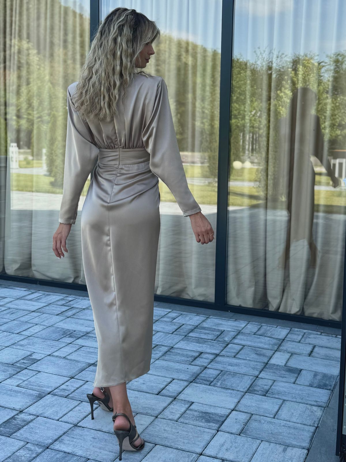 Taupe Long Sleeve Wrap Dress with Side Draping