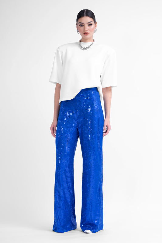 Electric blue sequin embellished high-waist trousers