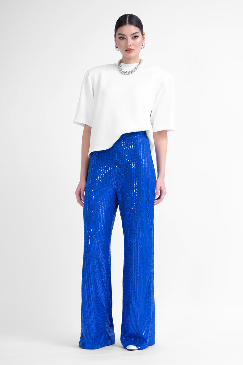 Electric blue sequin embellished high-waist trousers