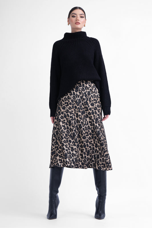 Fusta midi din satin animal print