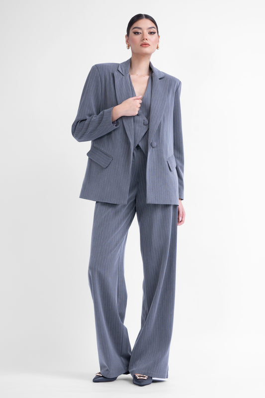 Three-piece grey striped suit