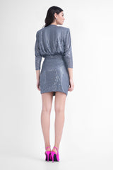 Grey sequin mini dress with draping detail and scarf