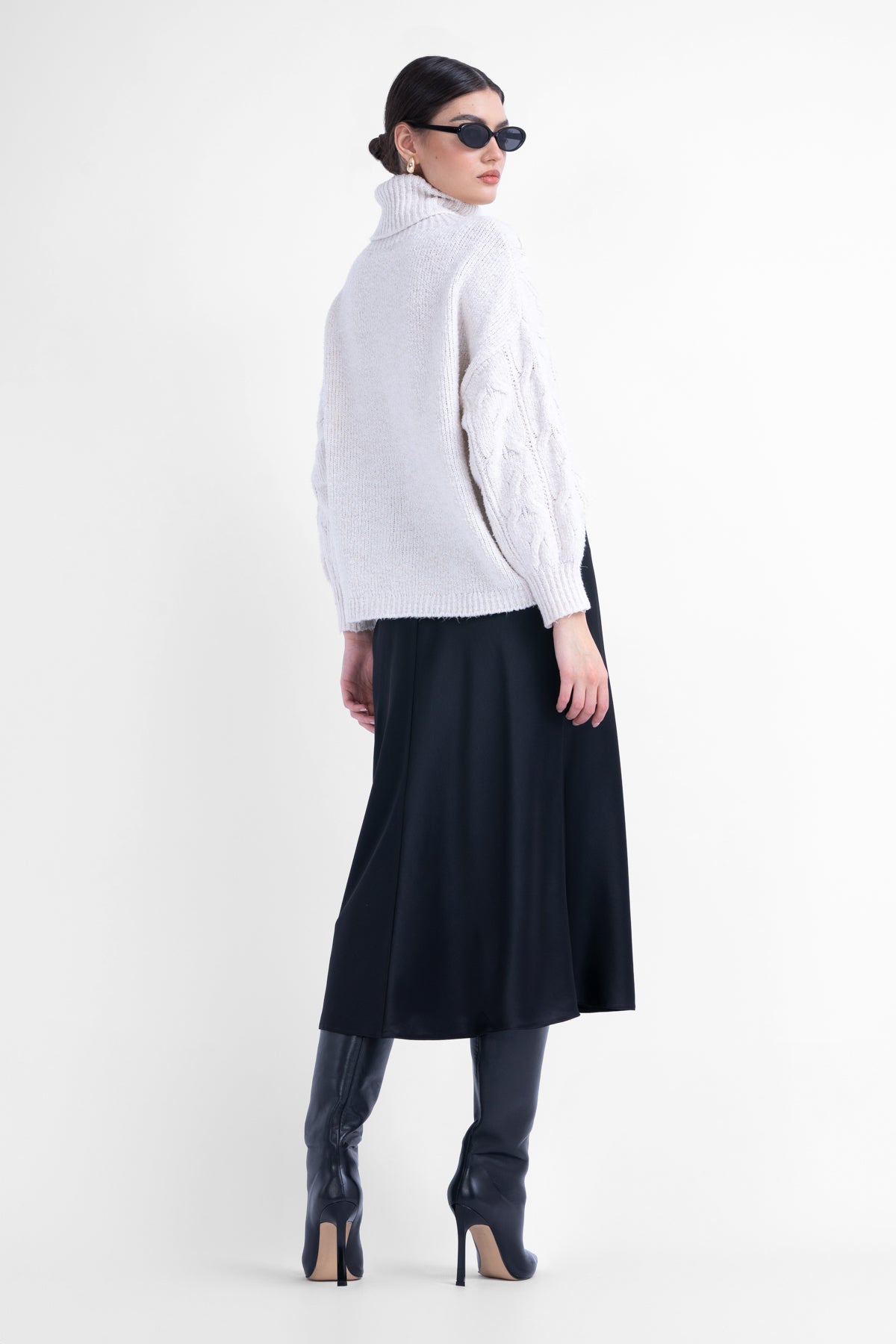 Black satin midi skirt