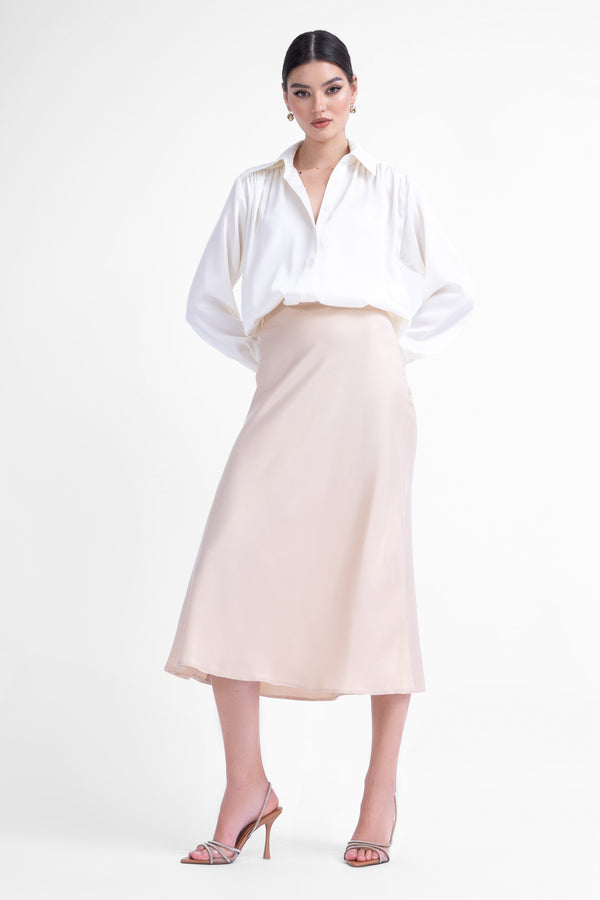 Ivoire satin midi skirt with gold details