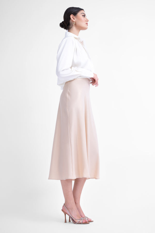 Ivoire satin midi skirt with gold details