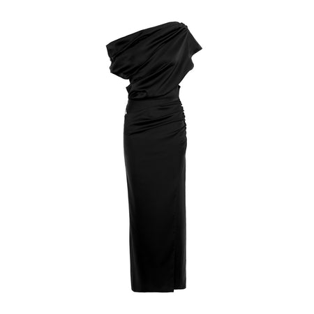 Rochie maxi neagră, cu umeri goi, drapată și design asimetric