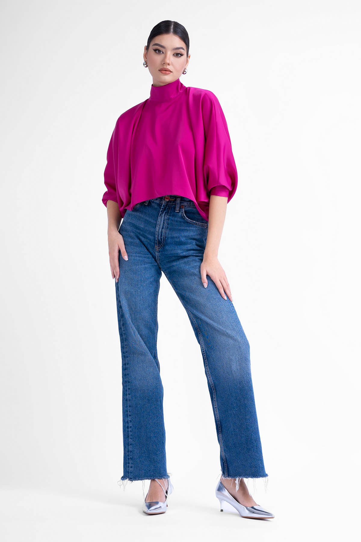 Fuchsia asymmetrical blouse with collar and buttons