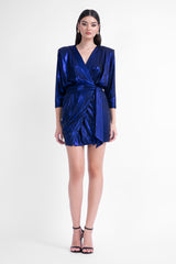 Electric blue mini dress with draping detail and scarf