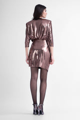 Bronze mini dress with draping detail and scarf