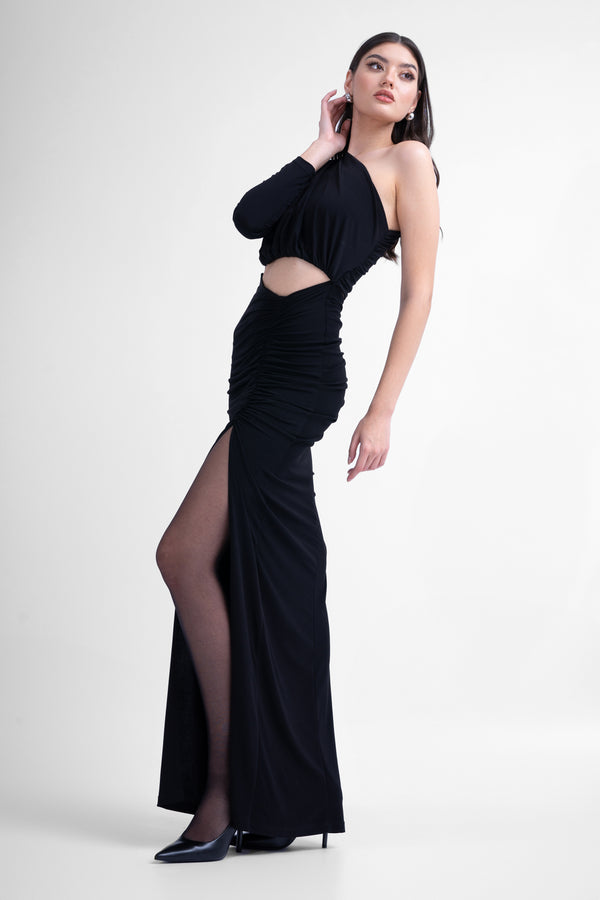 Black maxi asymmetrical dress with cut-outs