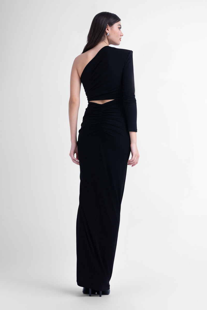 Black maxi asymmetrical dress with cut-outs