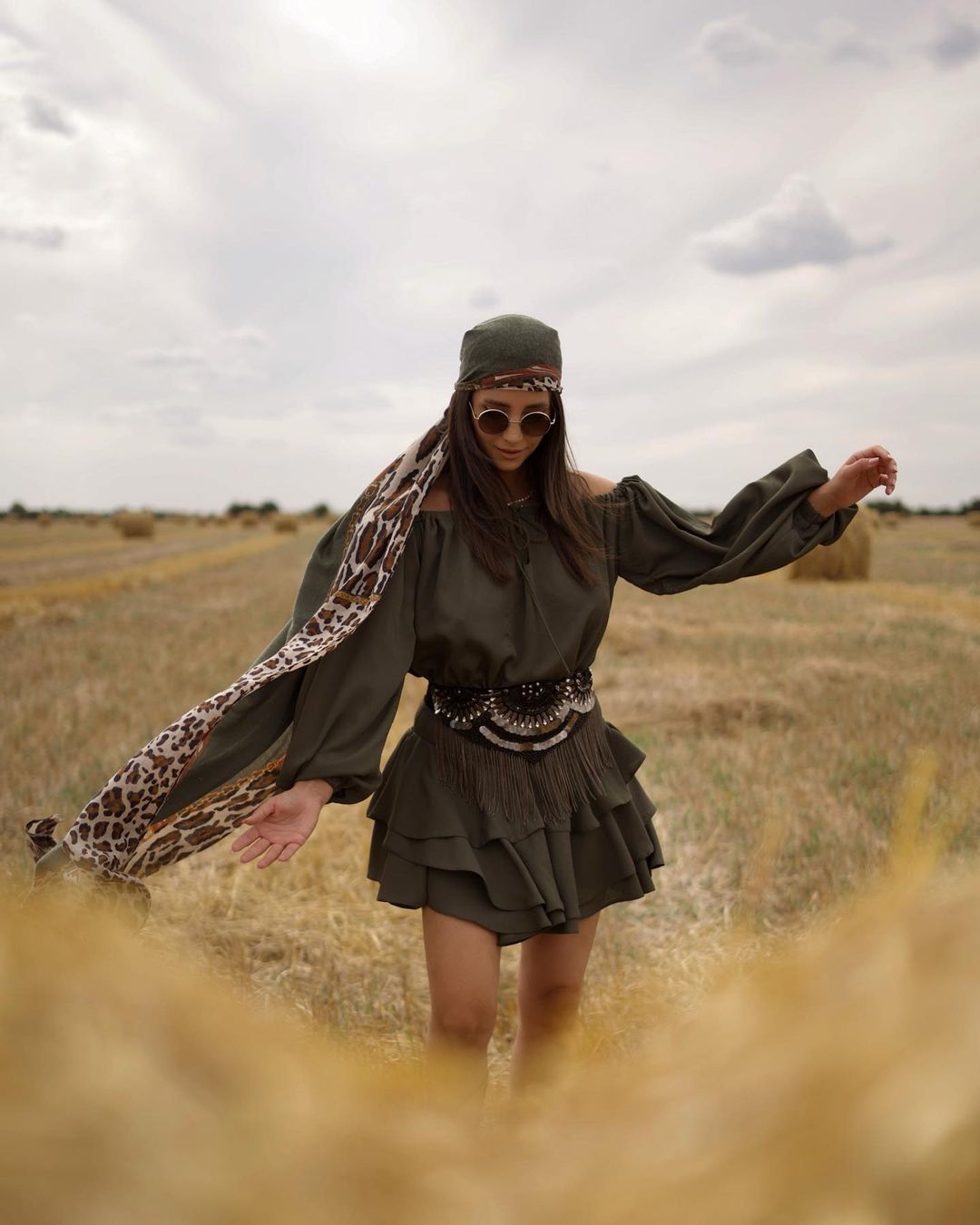 Khaki mini off the shoulders dress