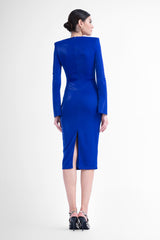 Electric blue bodycon midi dress with v neck detail and structured shoulders