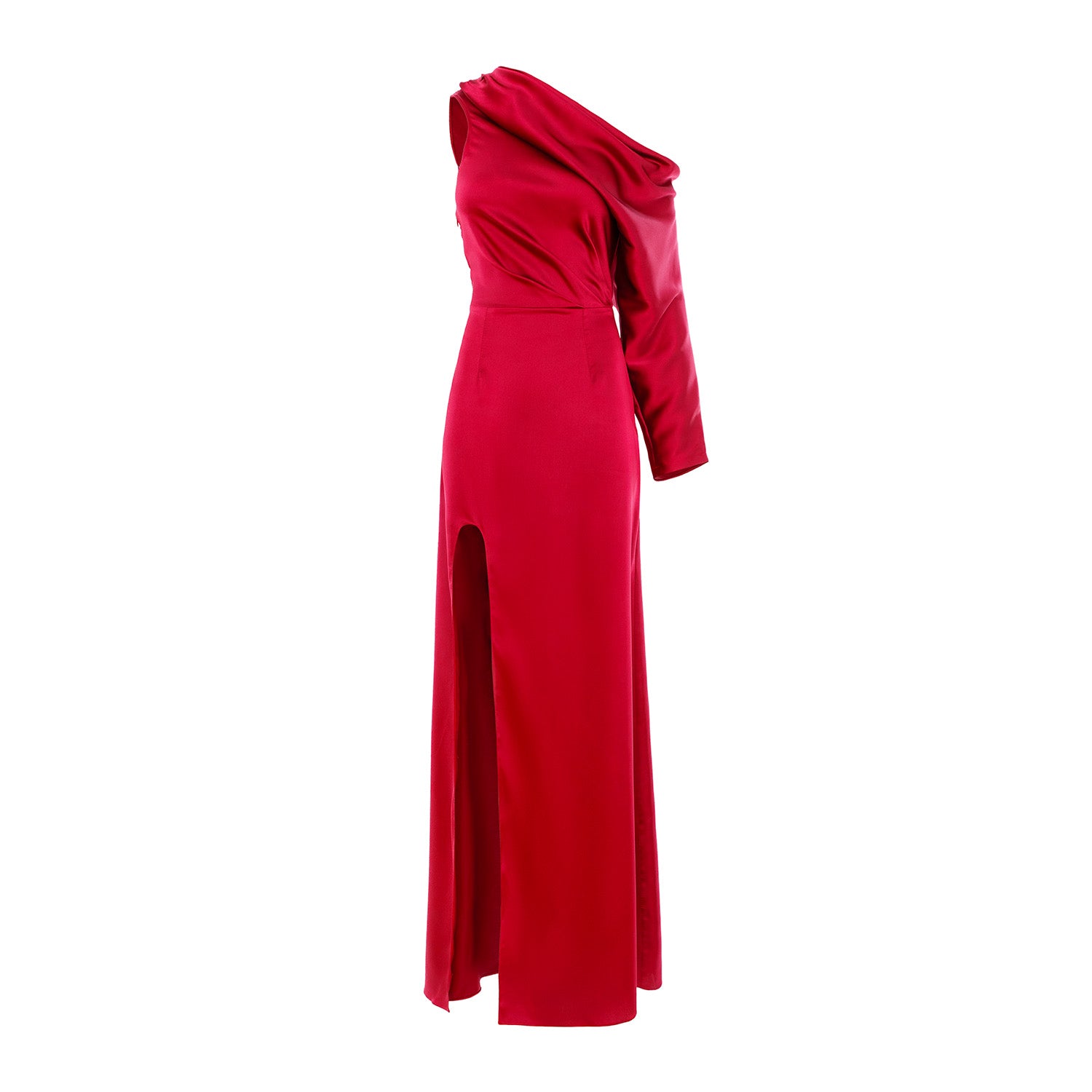 Bold Elegance Red Midi Dress with Asymmetric Neckline and Side Slit