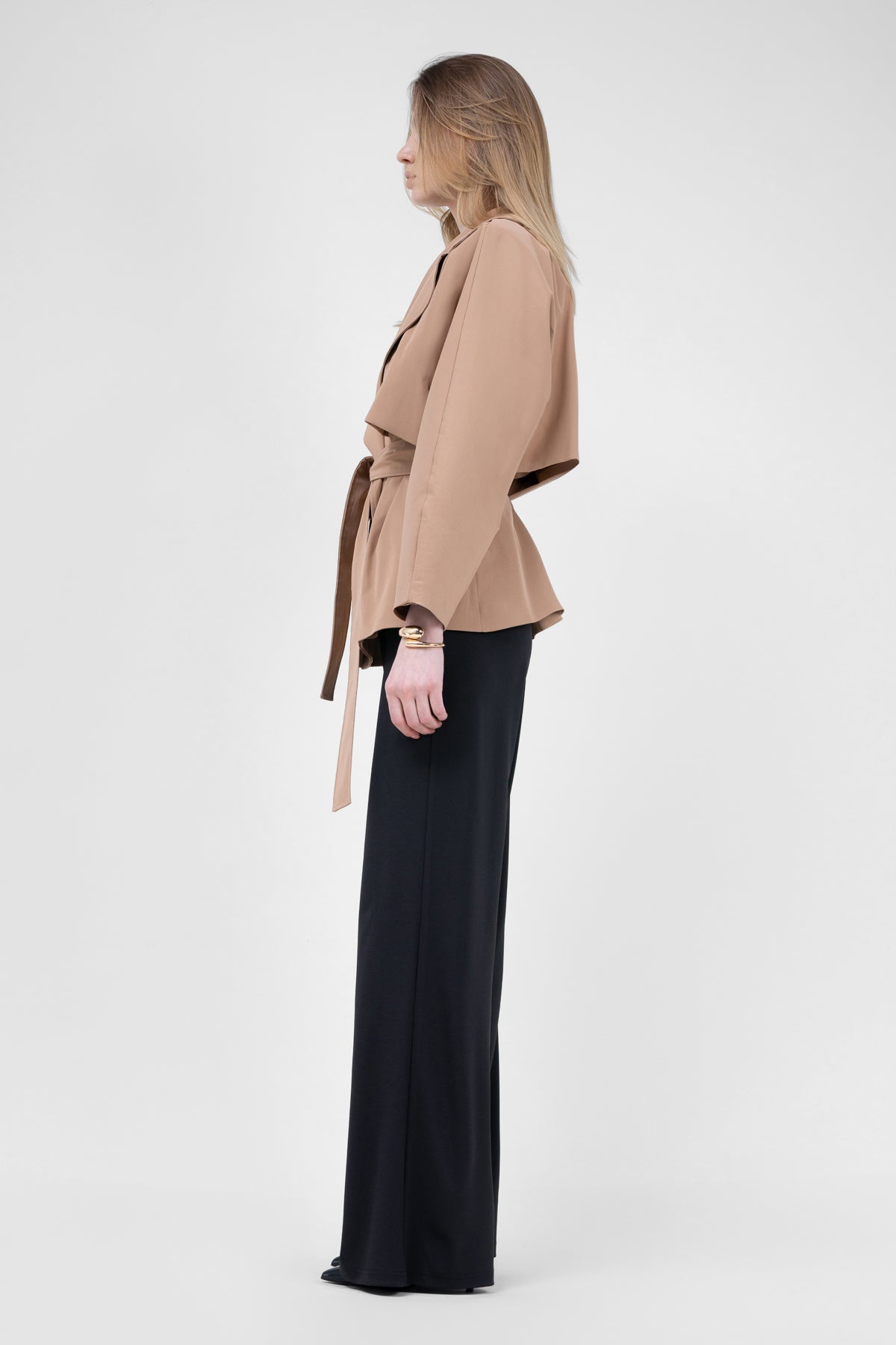 Beige Short Trench Coat WIth Waist Belt