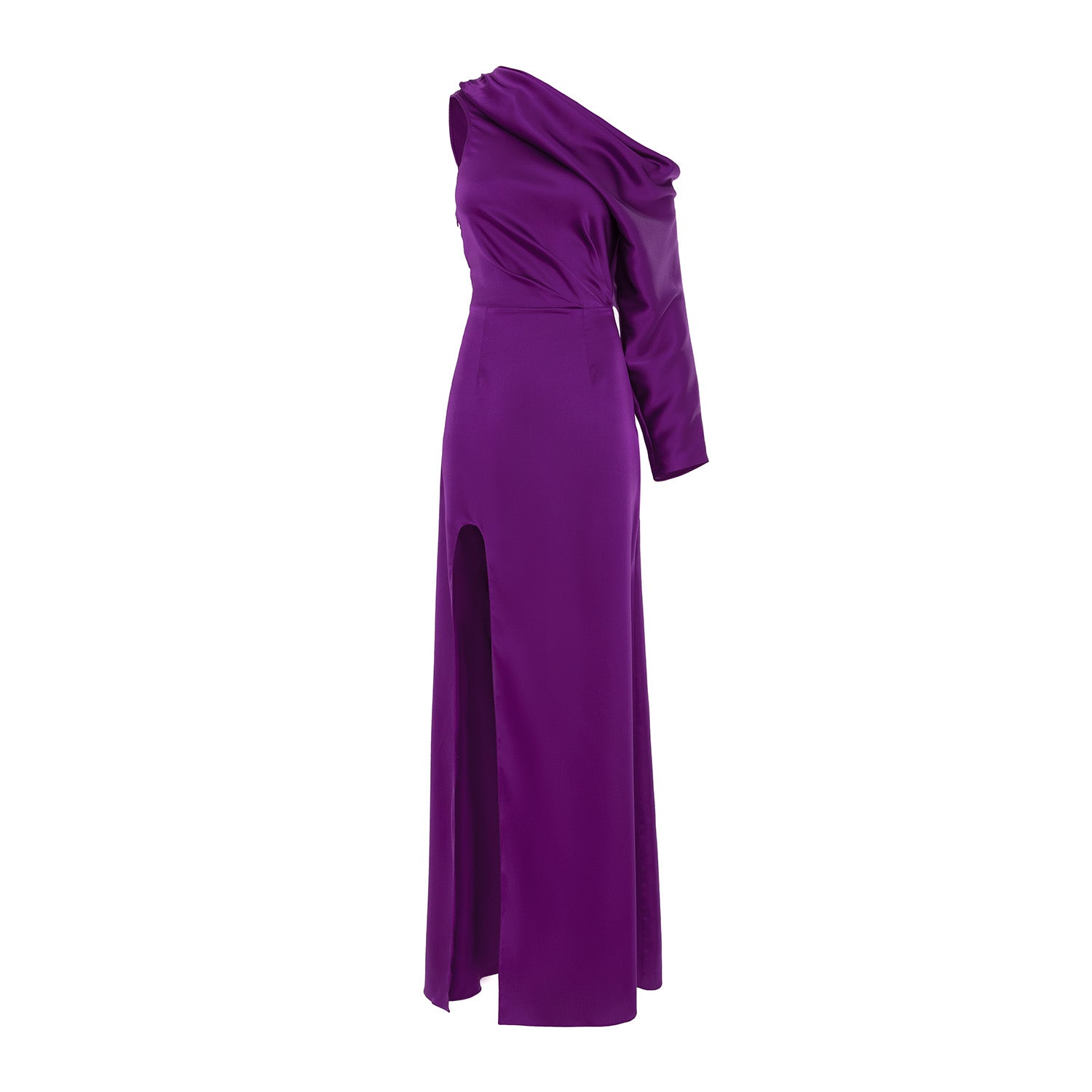 Purple Allure Midi Dress with Asymmetric Neckline and Side Slit
