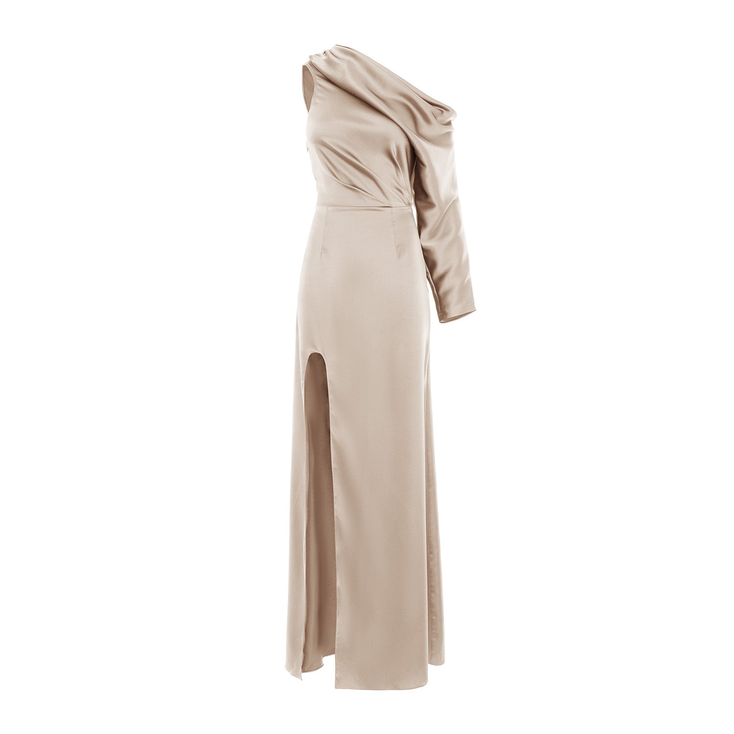 Beige Allure Midi Dress with Asymmetric Neckline and Side Slit