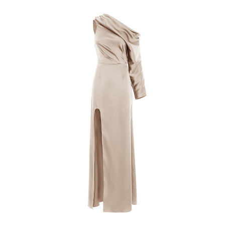 Beige Allure Midi Dress with Asymmetric Neckline and Side Slit