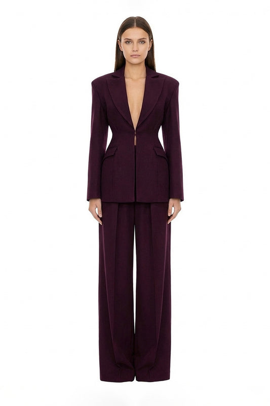 Plum-purple Suit with Balloon Blazer and wide leg trousers
