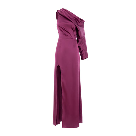 Rochie maxi fuchsia din satin, cu un singur umăr și crăpătură laterală