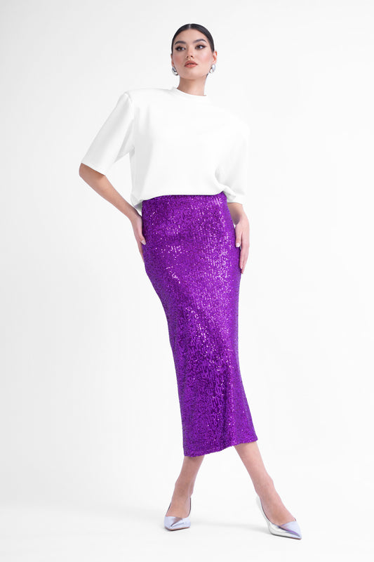 Purple sequin midi skirt