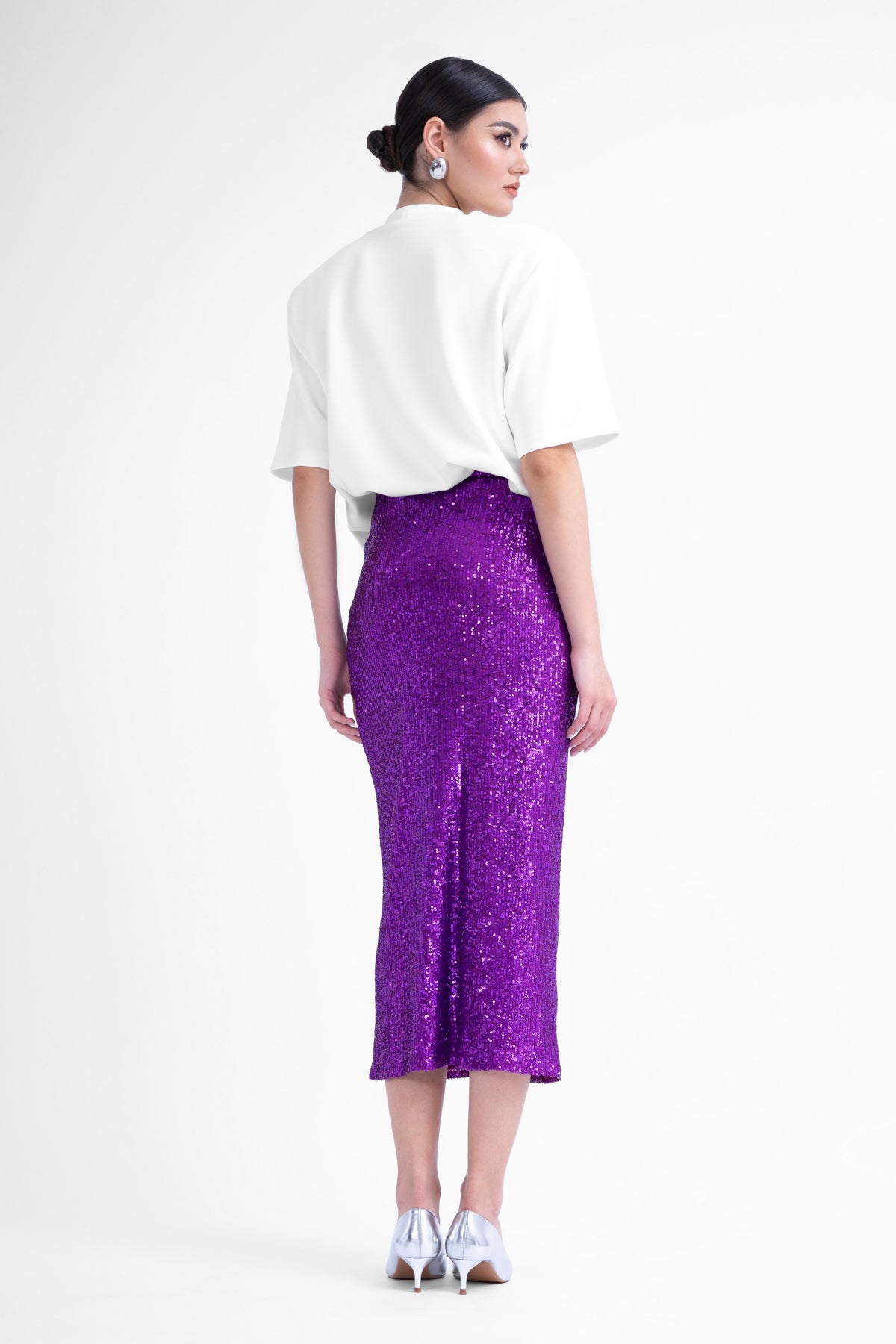 Fusta din paiete mov cu talie inalta