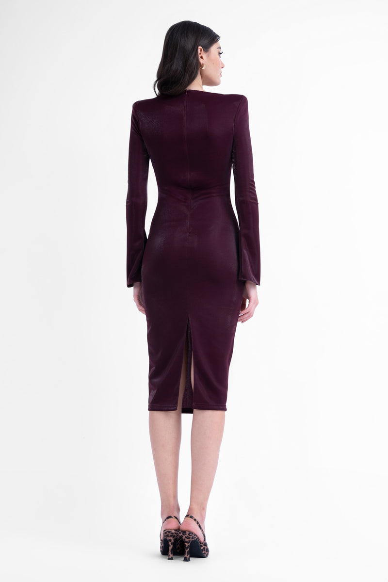 Burgundy bodycon midi dress with v-neck detail and structured shoulders