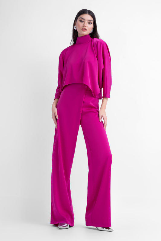 Fuchsia asymmetrical wide leg trousers with button