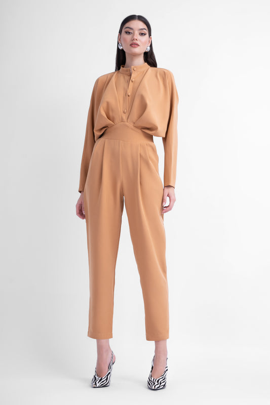 Camel maxi jumpsuit met knoop en korset