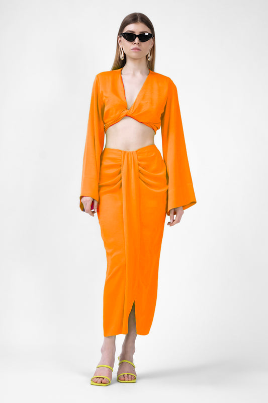 Oranje set met top en midi-rok