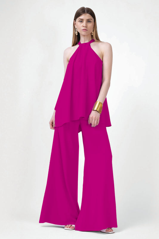 Set fuchsia cu top si pantaloni largi