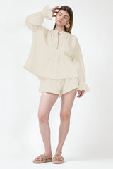 Beige Set With Blouse With Cuffs And Shorts