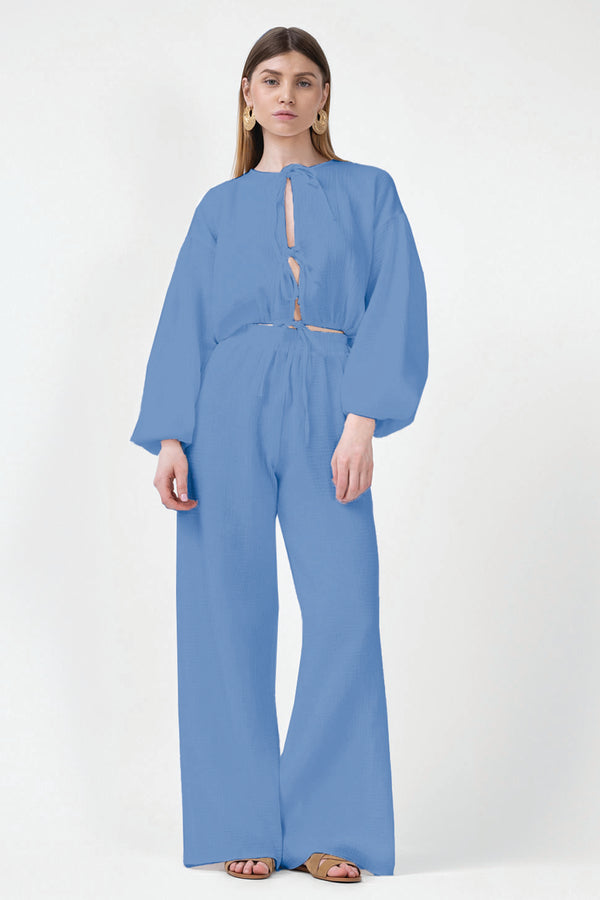Blue Set With Blouse With Bows And Pants