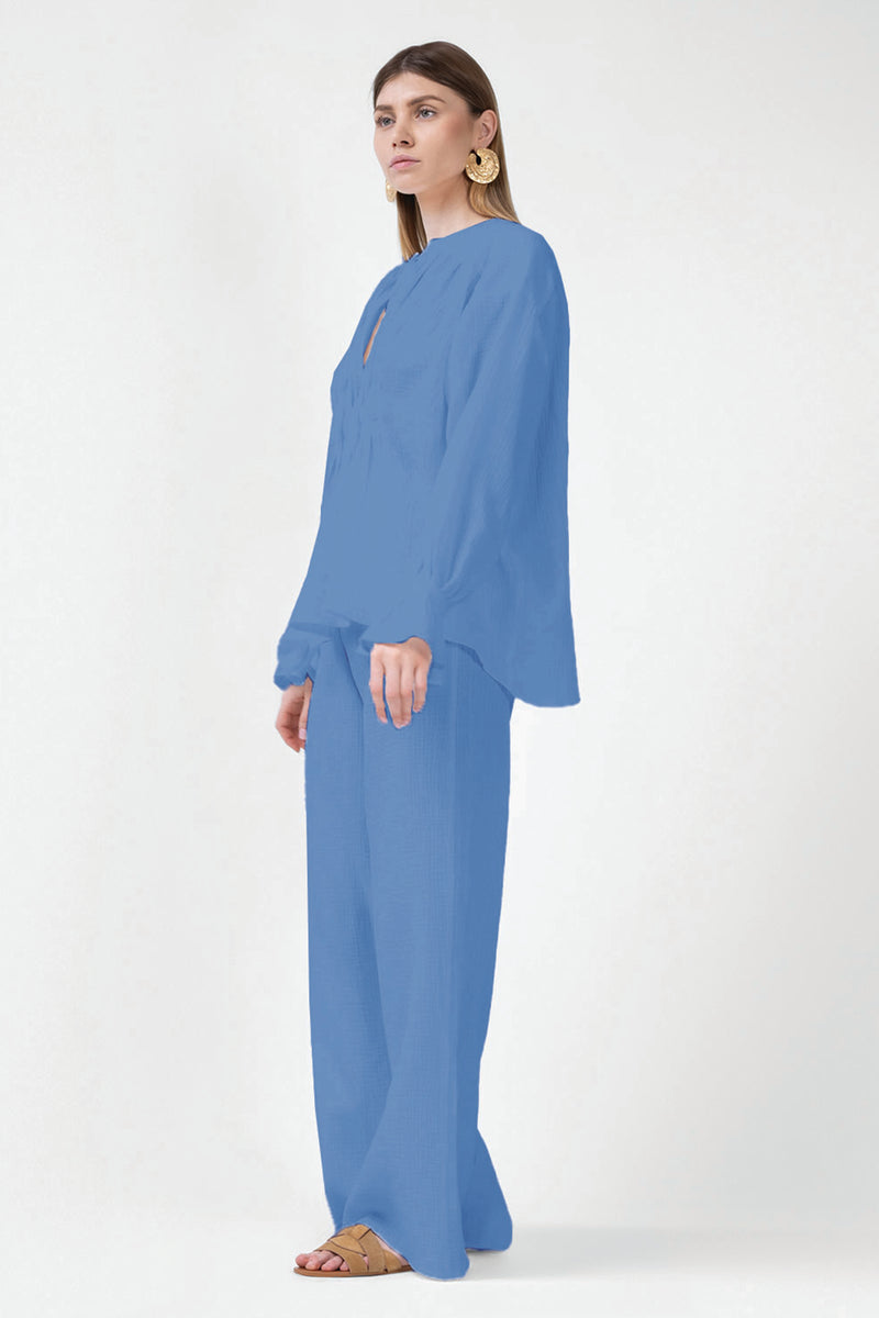 Blue Set With Blouse With Cuffs And Pants