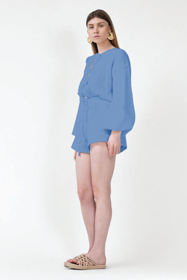 Blue Set With Blouse With Bows And Shorts