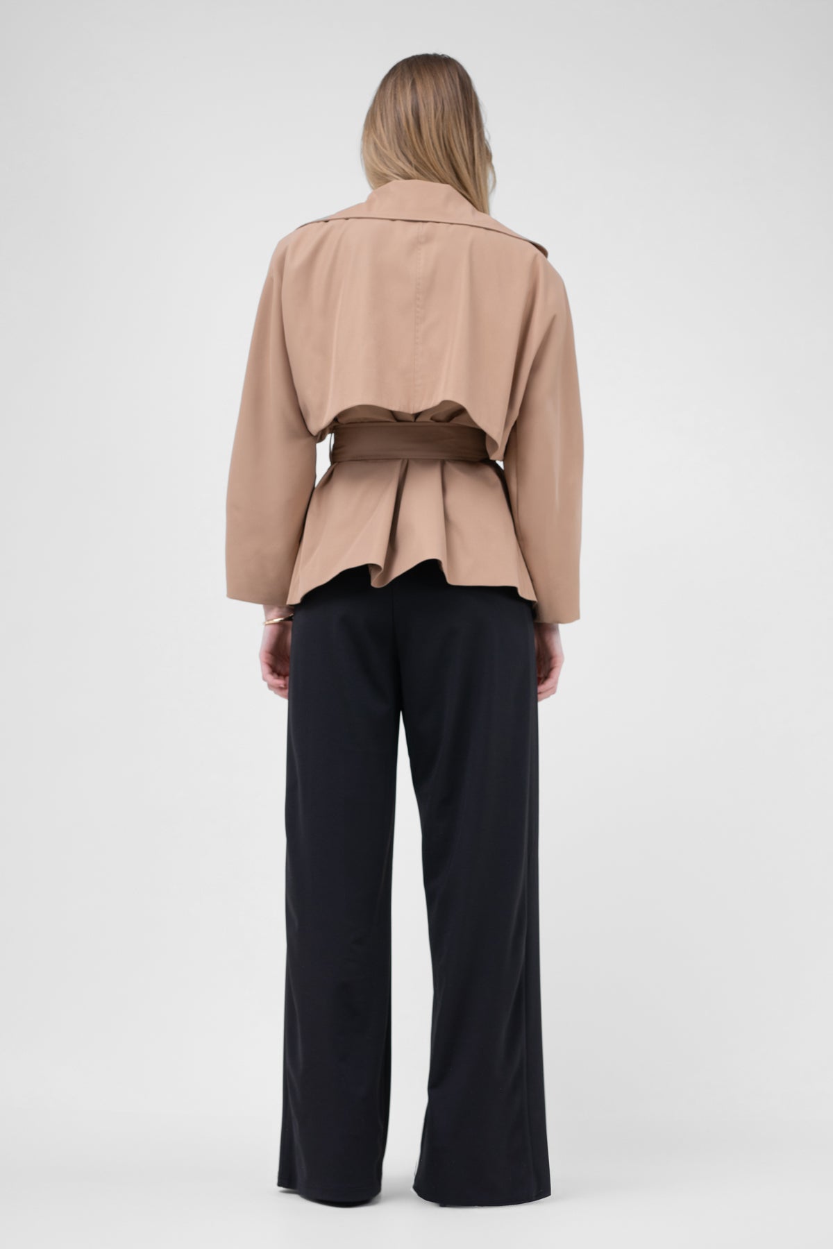 Beige Short Trench Coat WIth Waist Belt