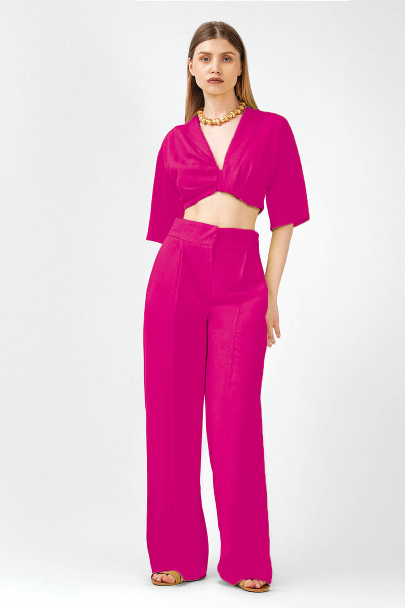 FUCHSIA BIJPASSENDE SET MET CROPPED SHIRT EN RECHTE BROEK