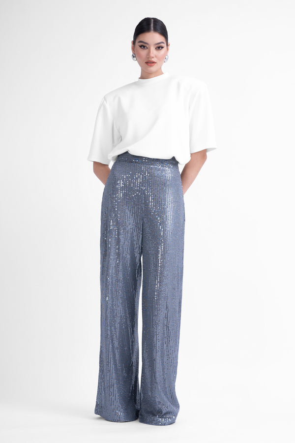 Grey sequin-embellished high-waist trousers