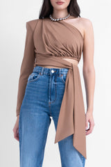 Beige asymmetrical top with scarf